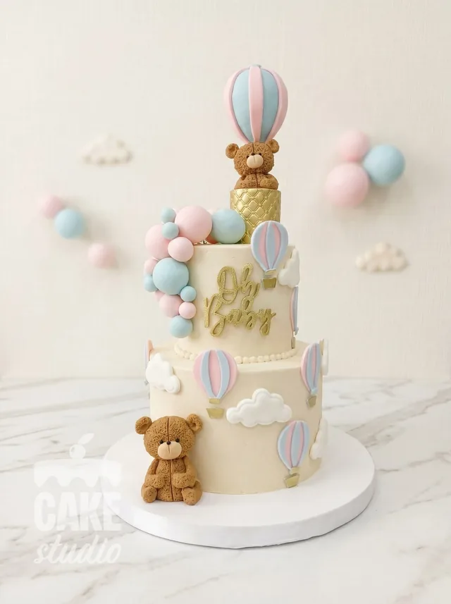 Pastel Oh Baby con ositos y globos en rosa y celeste, de Cake Studio