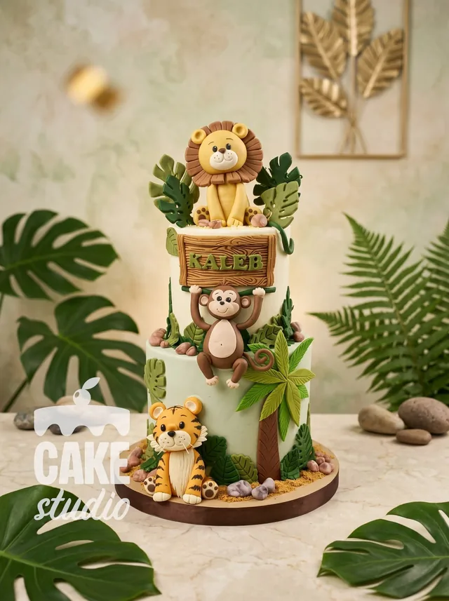 Pastel de cumpleaños Kaleb con león, mono, tigre y hojas tropicales, de Cake Studio