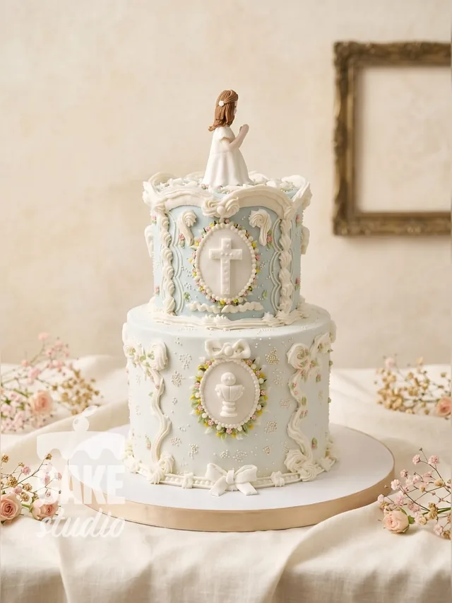 Pastel blanco de primera comunión con cruz, cáliz y flores, de Cake Studio
