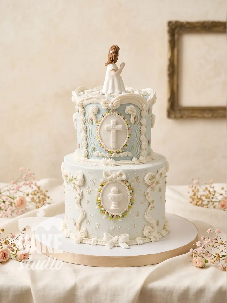 Pastel blanco de primera comunión con cruz, cáliz y flores, de Cake Studio