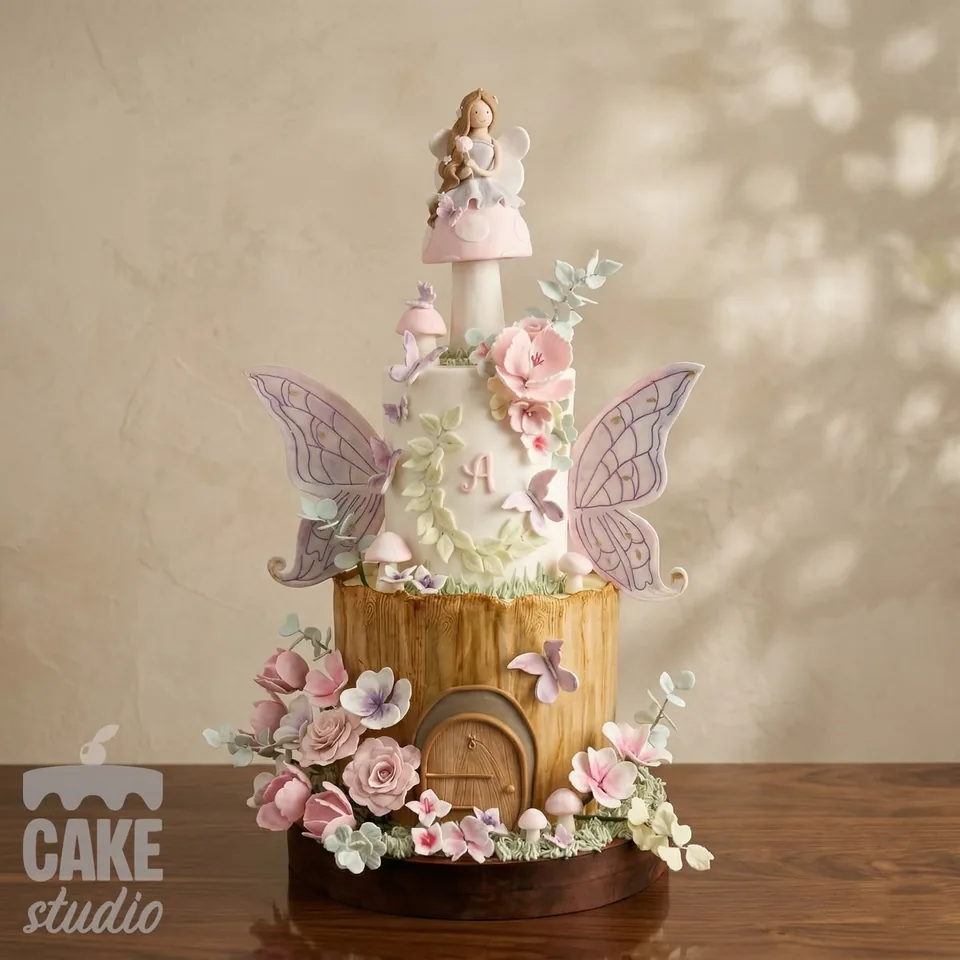 Pastel de hadas con mariposas, flores y una casita del bosque, de Cake Studio