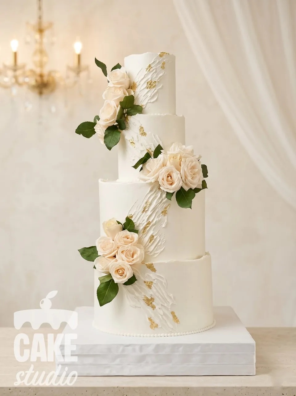 Pastel de boda blanco de cuatro niveles con rosas y detalles dorados, de Cake Studio
