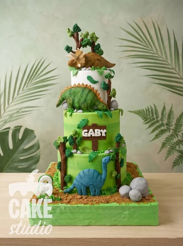 Pastel elaborado con dinosaurios y árboles modelados