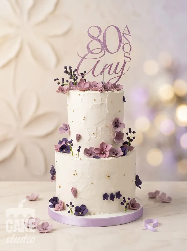 Pastel blanco elaborado con flores decorativas en tonos morados