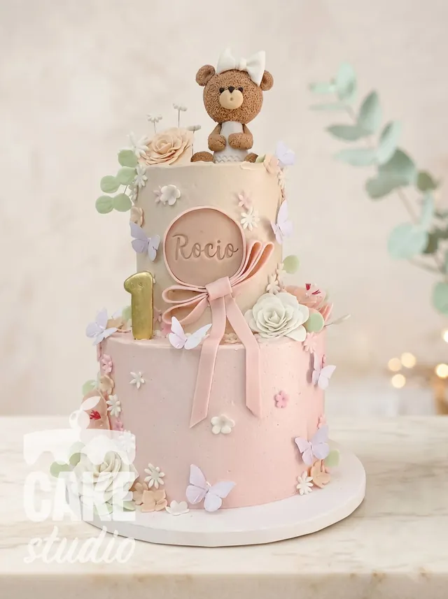 Pastel rosa elaborado con osita, flores y lazo en fondant