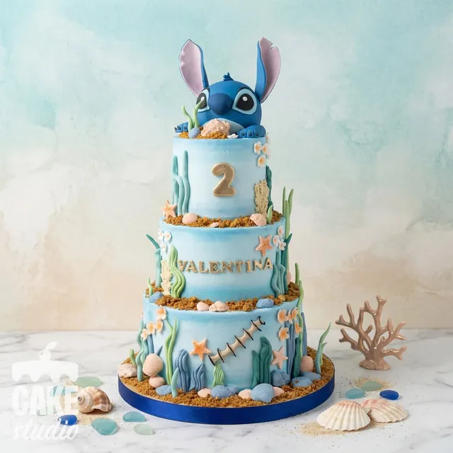Pastel elaborado con figura de Stitch y detalles marinos