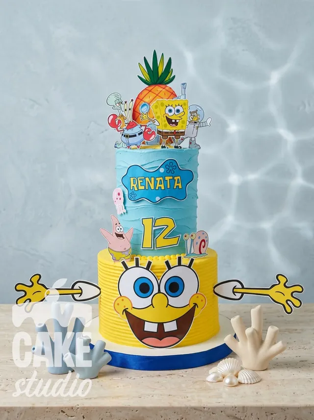 Pastel de Bob Esponja con personajes impresos