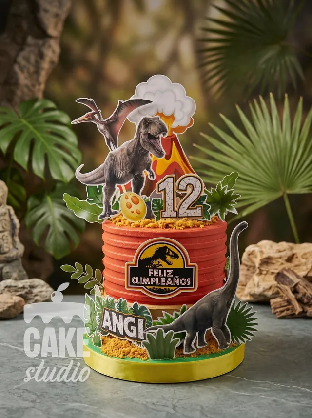 Pastel de dinosaurios con decoraciones impresas