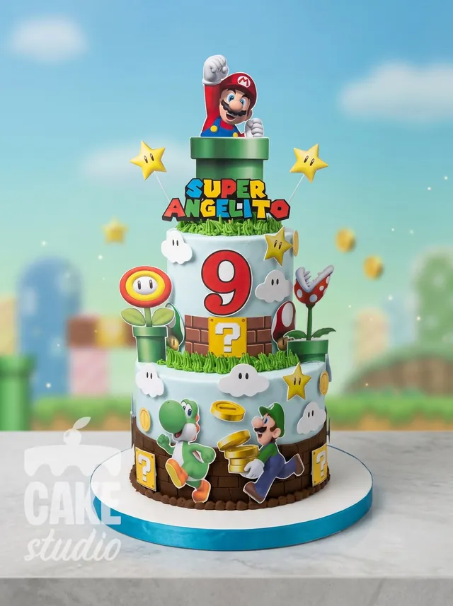 Pastel de Mario con personajes y detalles impresos