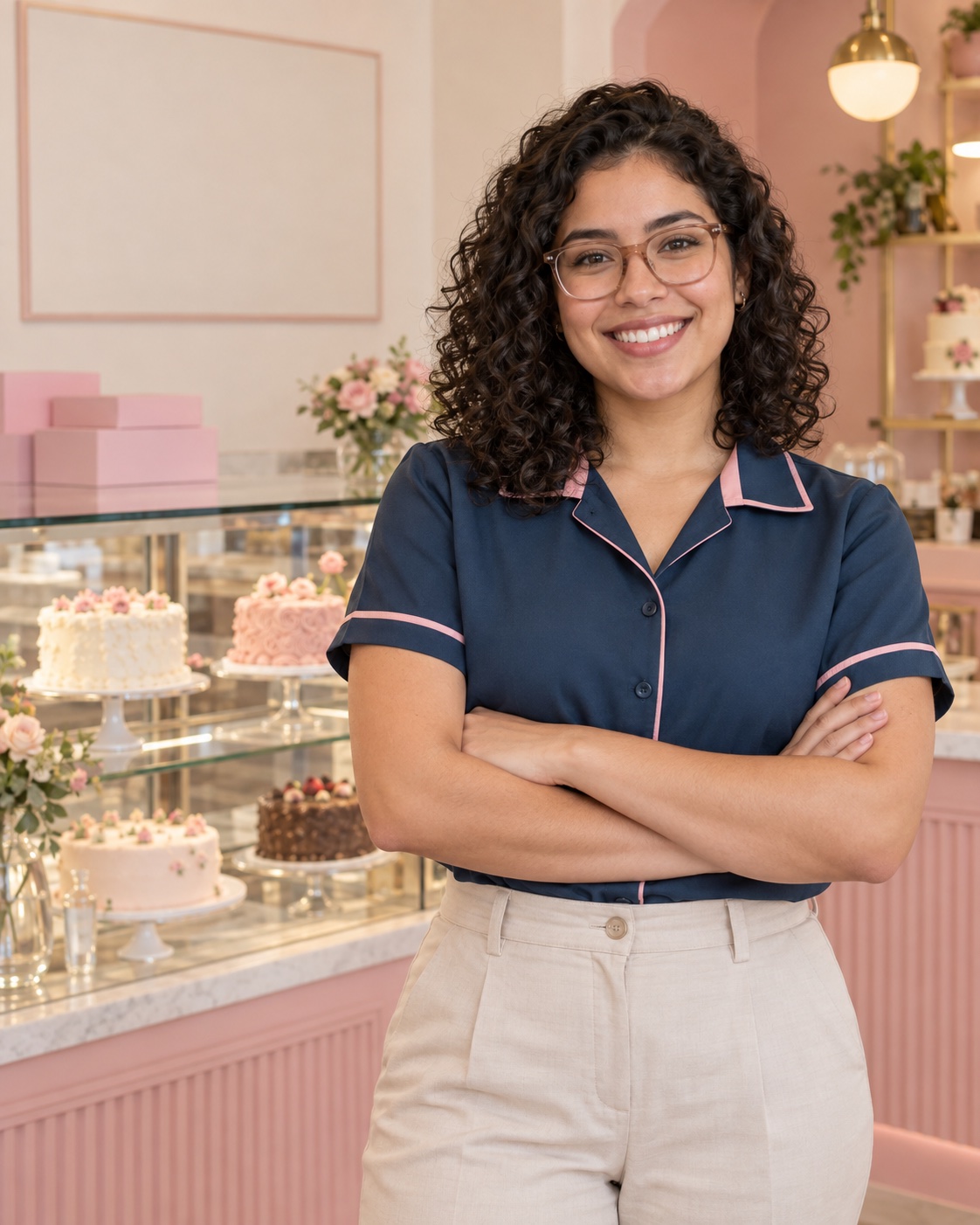 Asesora de atención al cliente con cabello rizado y lentes, de pie con los brazos cruzados y sonriendo en la tienda, con la marca Cake Studio en su uniforme y el local.