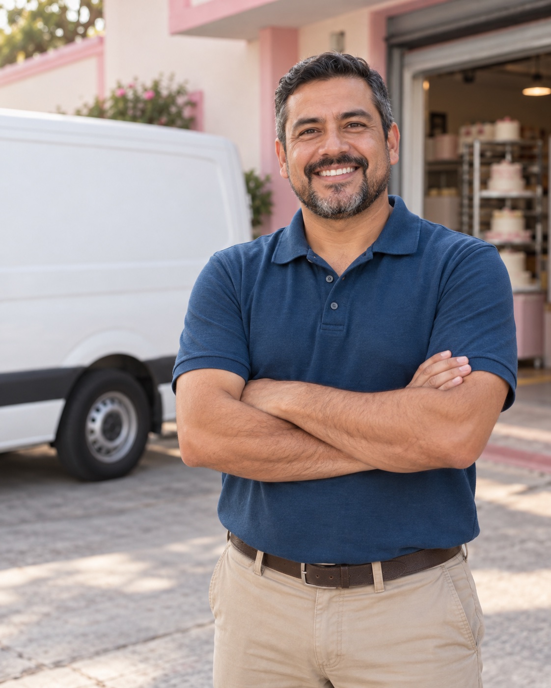 Piloto de reparto sonriente con los brazos cruzados, junto a un vehículo de entregas afuera del local, con la marca Cake Studio en su polo y el vehículo.