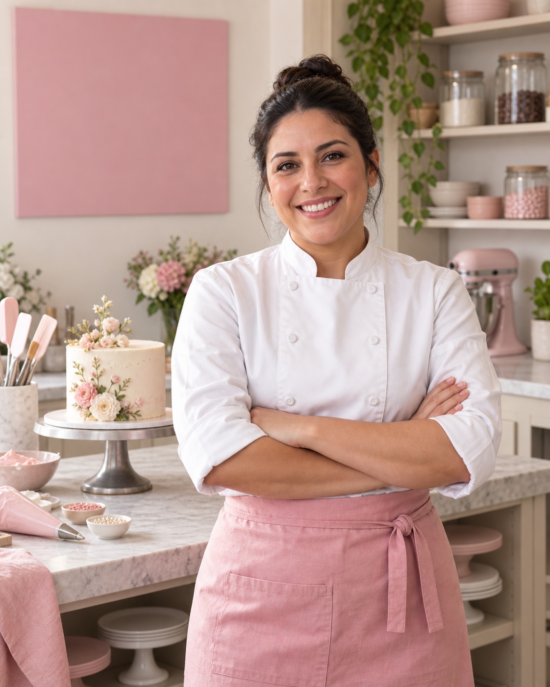 Especialista en repostería de pie, con los brazos cruzados y una sonrisa, en su estación de decoración de pasteles, con la marca Cake Studio en su uniforme y el taller.