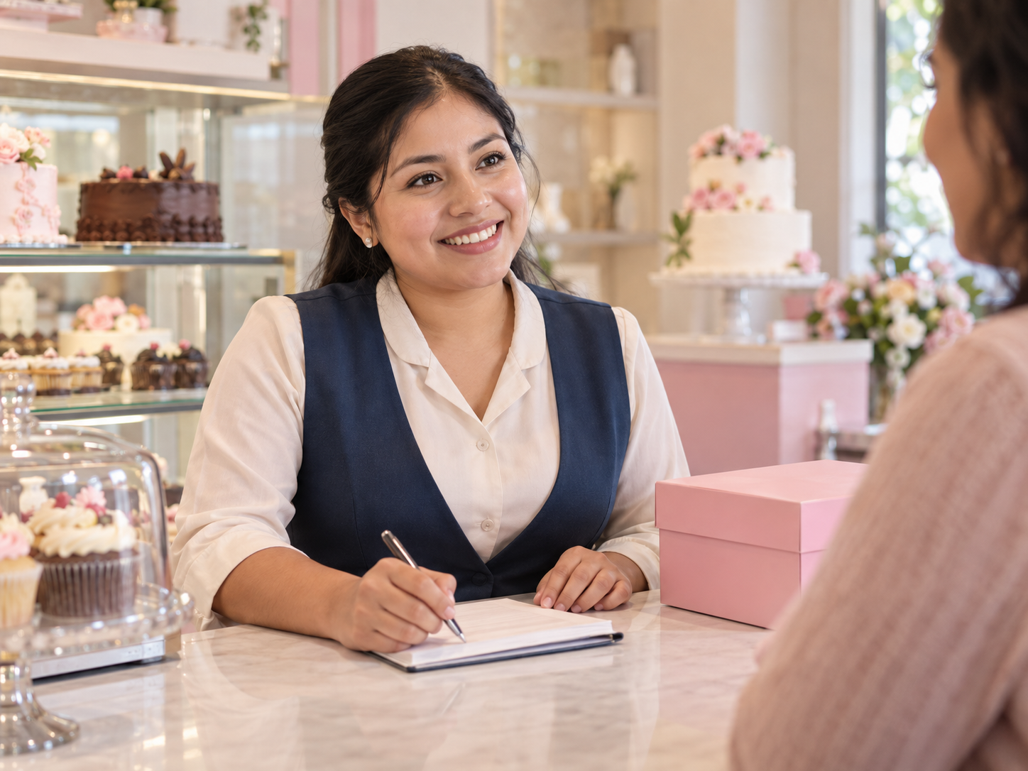 Asesora de atención al cliente ayudando con un pedido en una pastelería