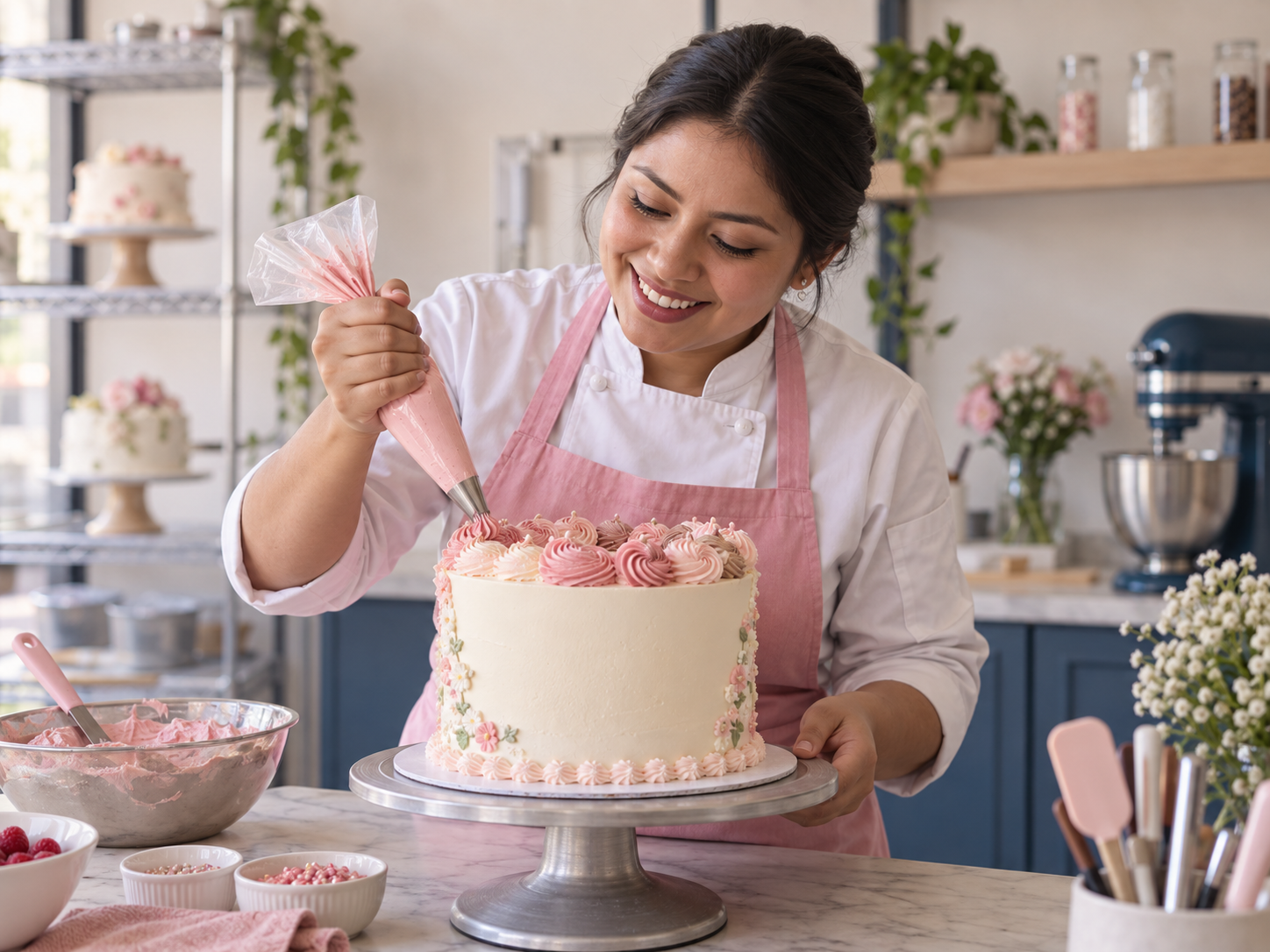 Especialista en repostería decorando un pastel con manga pastelera