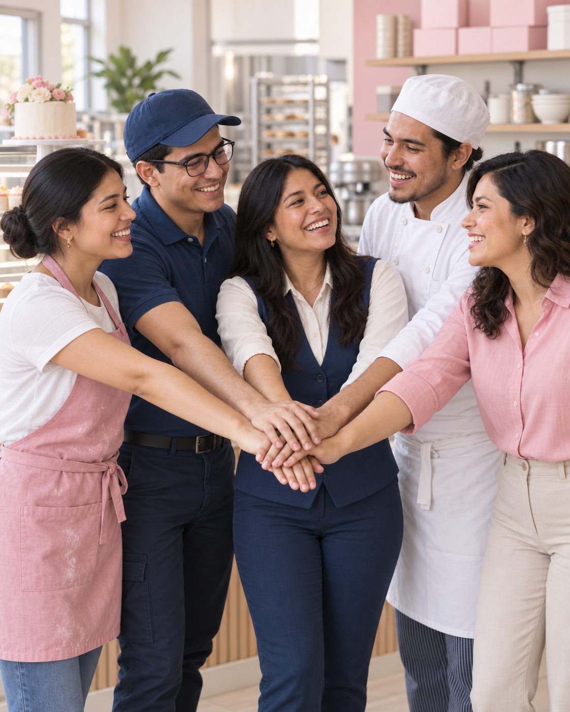 Un equipo de repostería, reparto, atención al cliente y administración une sus manos con alegría en una pastelería